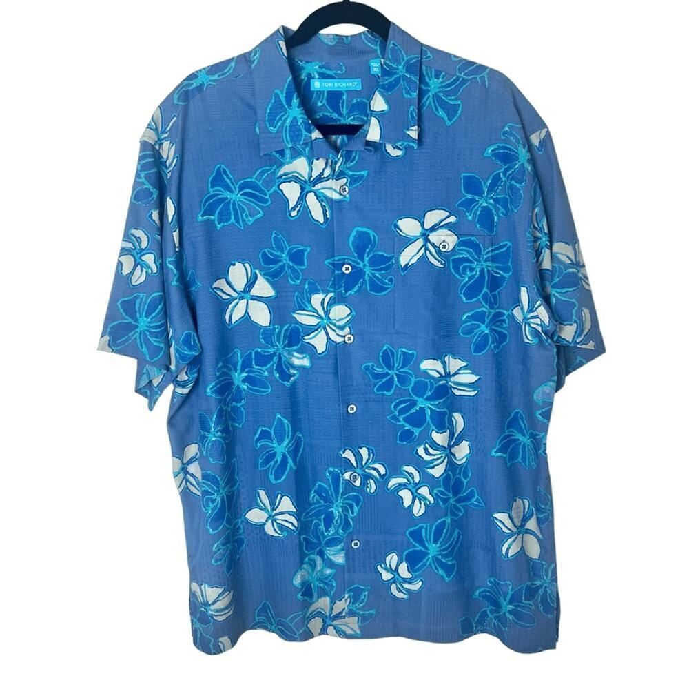 Tori Richard Men's Hawaiian Shirt Short Sleeve Silk Cotton Blue Floral Sz XL